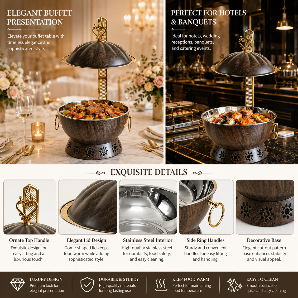 Luxury Marble Chafing Dish with Gold Accents for Weddings, Hotels & Banquets
