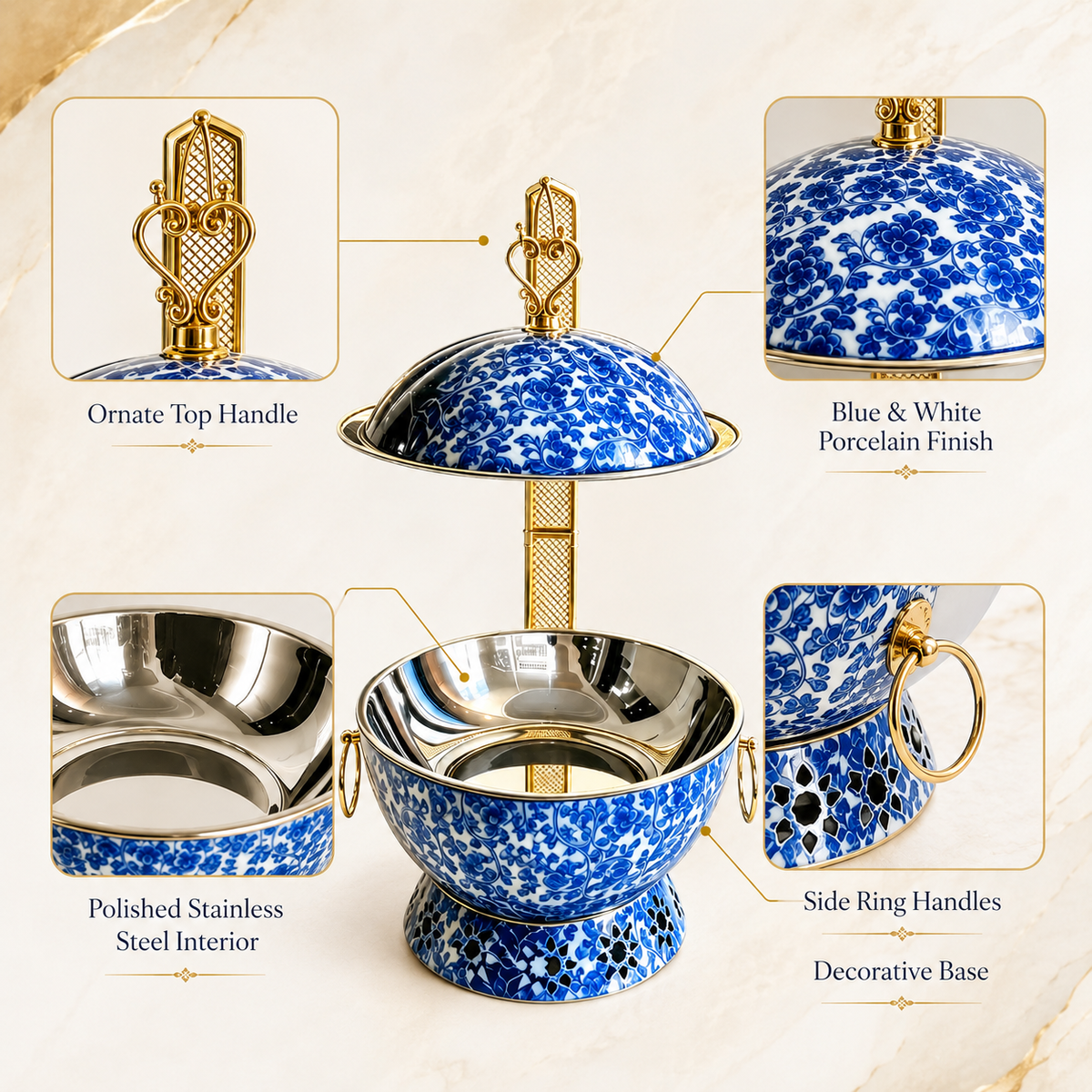Luxury Marble Chafing Dish with Gold Accents for Weddings, Hotels & Banquets