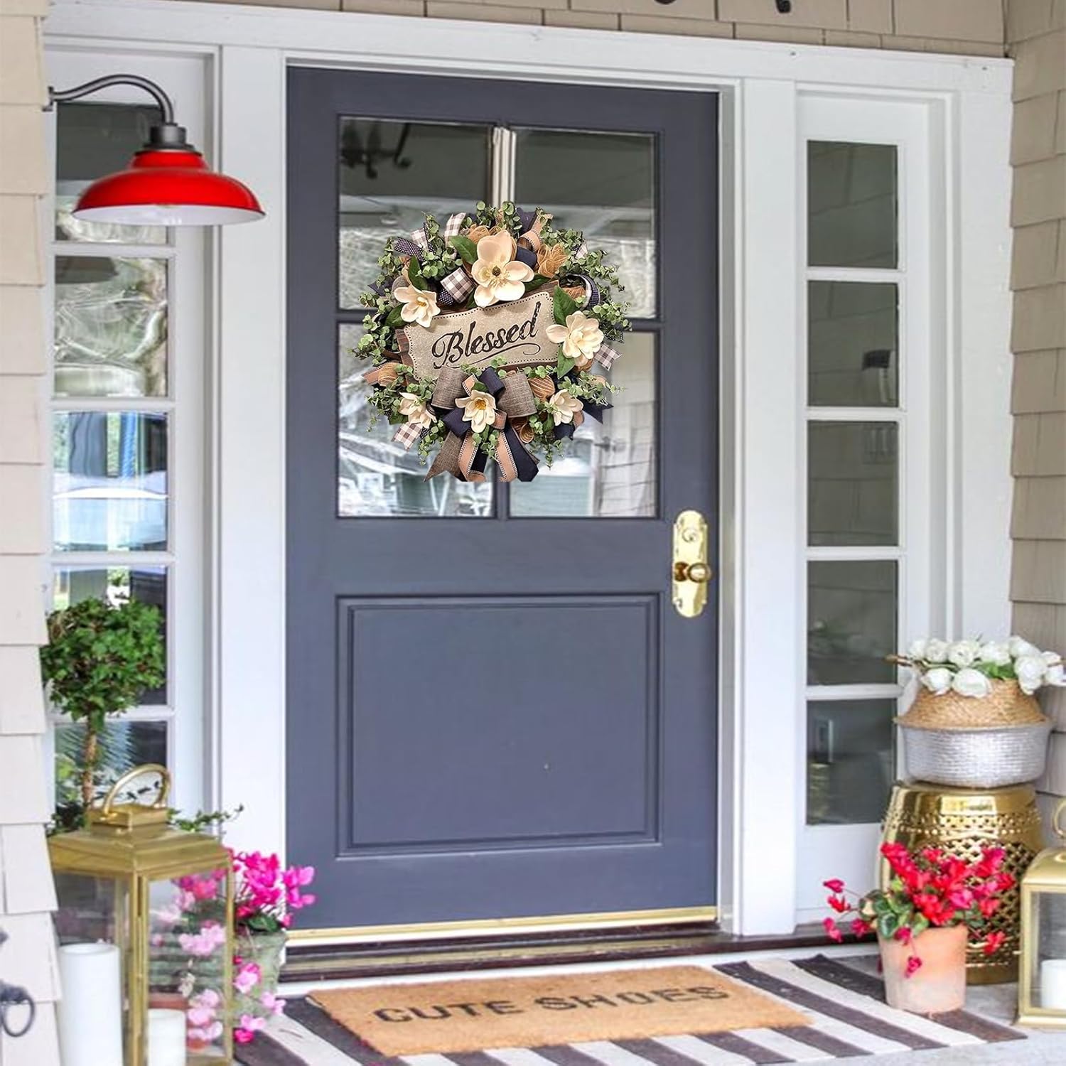 Spring Summer Wreath for Front Door,Farmhouse Magnolia Porch Decoration,Front Door Hanger,Housewarming Gift, Buffalo Plaid Year Round Wreath,Summer Home Decor - kuomie