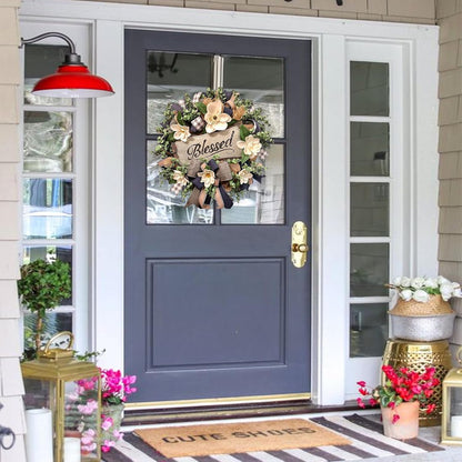 Spring Summer Wreath for Front Door,Farmhouse Magnolia Porch Decoration,Front Door Hanger,Housewarming Gift, Buffalo Plaid Year Round Wreath,Summer Home Decor - kuomie