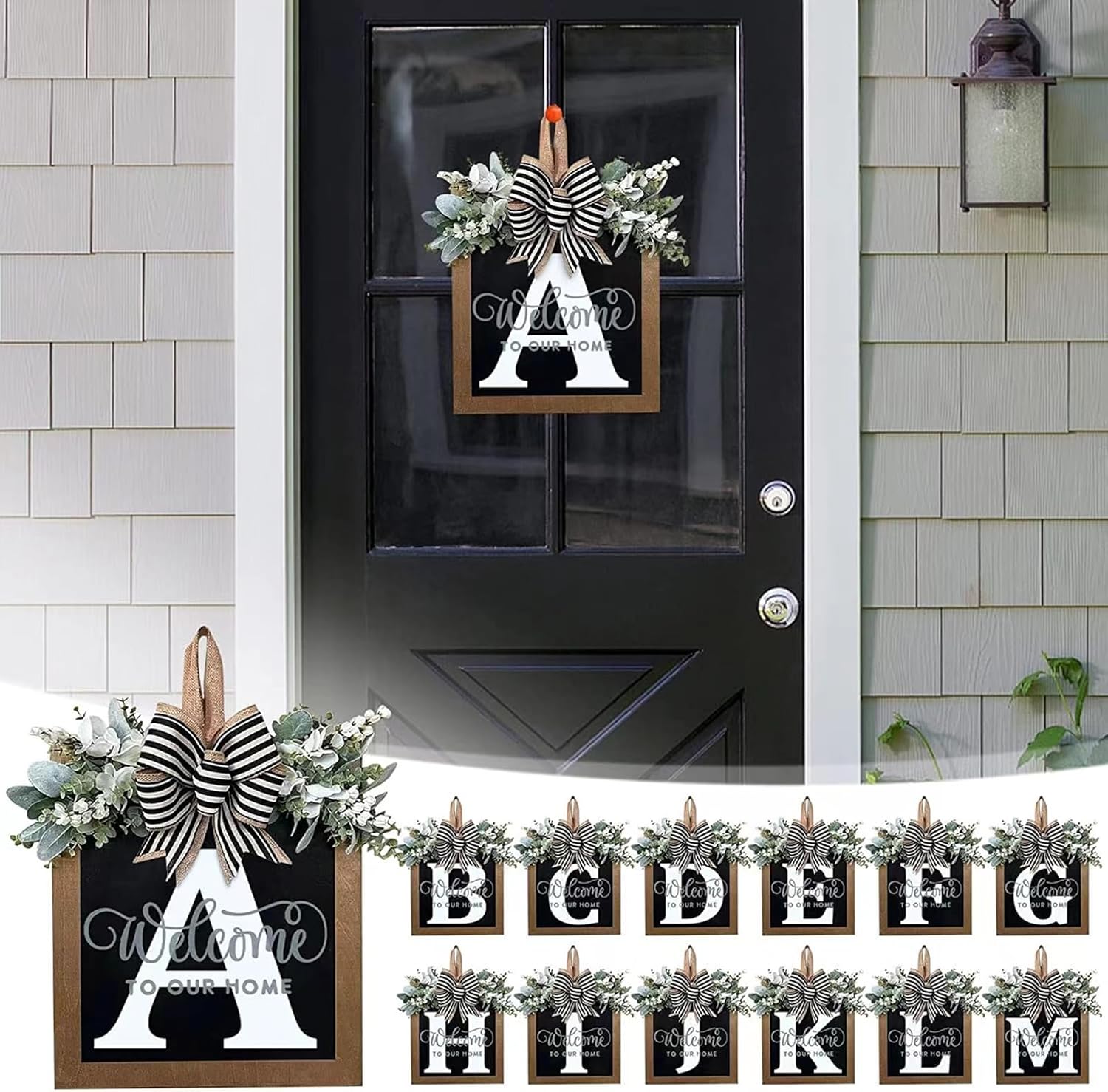 Last Name Year Round Front Door Wreath Front Porch Decoration 26 Letter Welcome Sign with Eucalyptus Garland and Bow Spring Wreaths for Front Door Outside Hanger Garland - kuomie