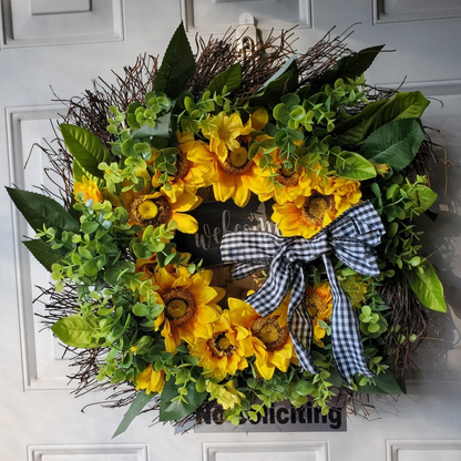 Sunflower Wreath with Welcome,Spring Summer Wreath for Front Door, Unique Housewarming Gift,mother'day Gift,Farmhouse Porch Decor,Sunflower Wall Decor,Year Round wreaths-20inch - kuomie