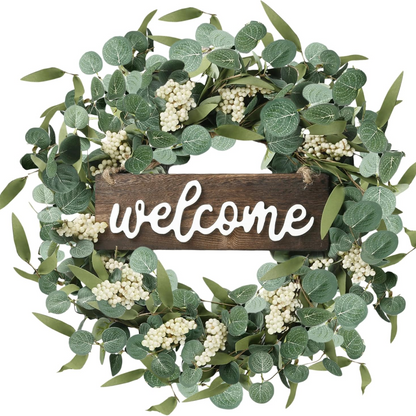 Green Eucalyptus Wreath with Welcome Sign 20in Artificial Spring Summer White Berries for Front Door Wall Window Festival Farmhouse Porch Patio Garden Decor, White,green - kuomie